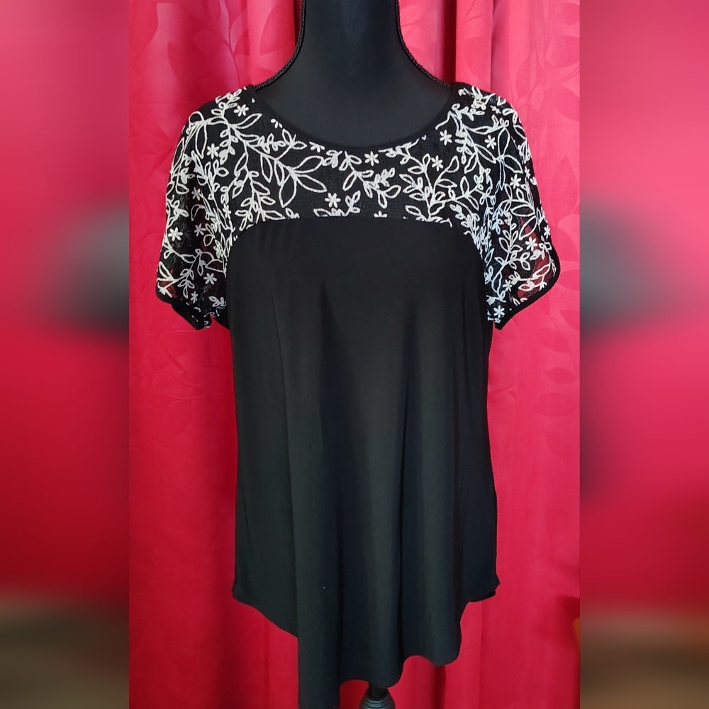 PerSeption Concept Black Blouse with White Floral Design